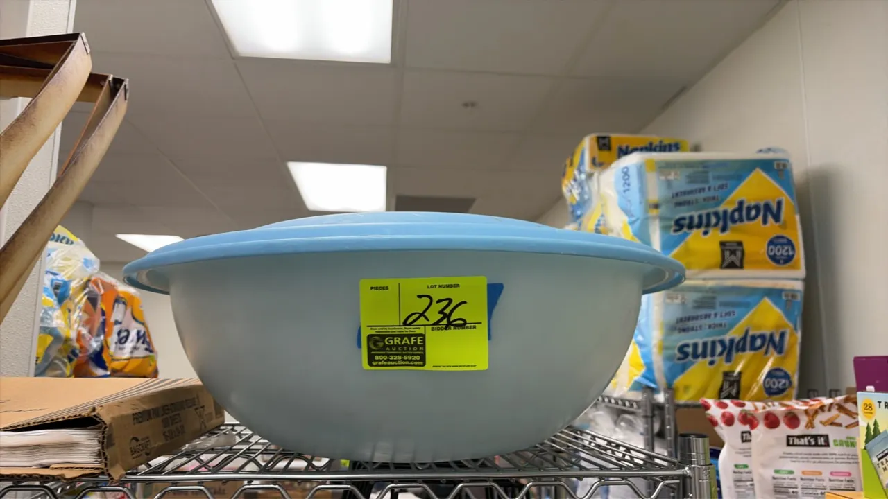 Plastic prep bowl. Features light blue plastic construction and includes a matching fitted lid.