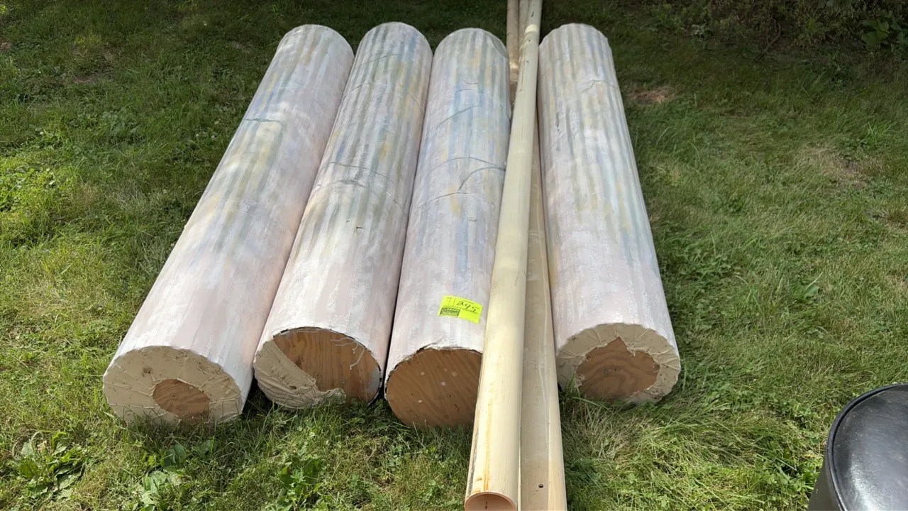 Stage prop columns and PVC pipe lot. Includes (4) fluted faux architectural columns constructed with wood end caps and painted finish, along with leng