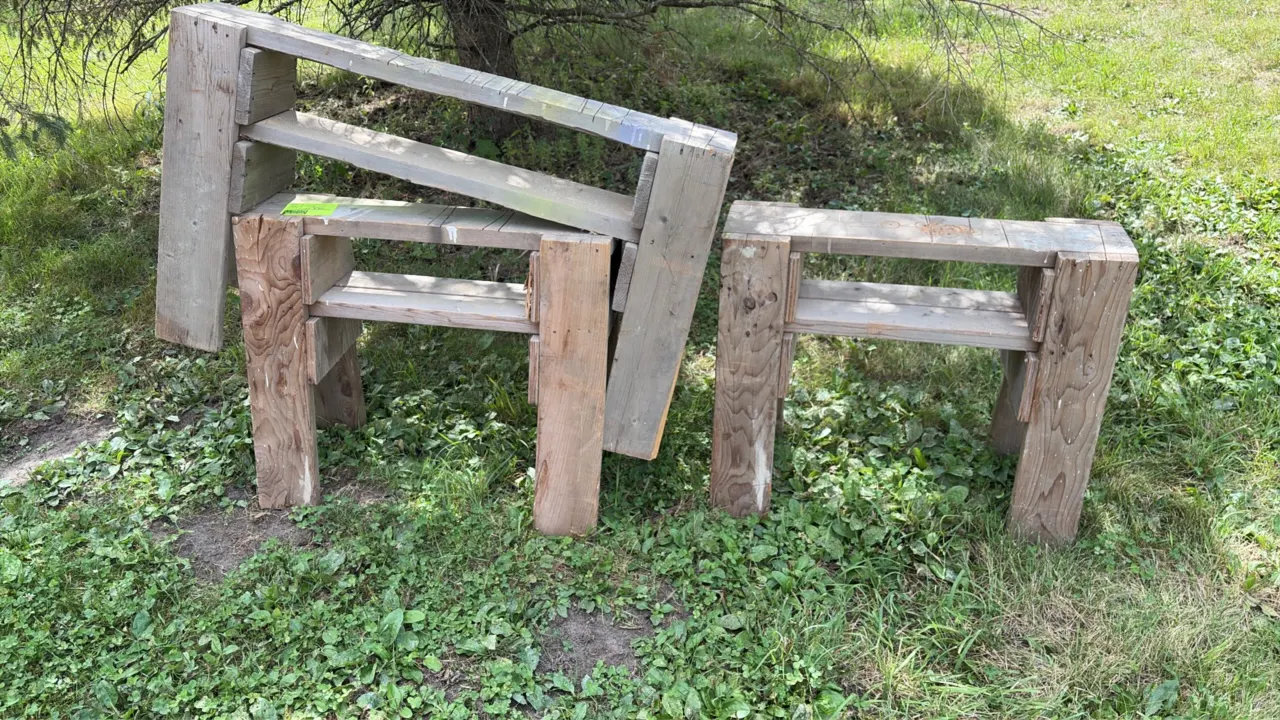 Wooden sawhorses. Lot includes (3) wooden sawhorses constructed from dimensional lumber with lower cross braces.