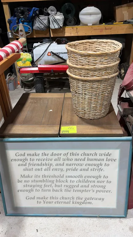 Wood side tables with framed print and baskets package lot. Includes wood side tables, (3) stacked round woven wicker baskets, and (1) framed inspirat