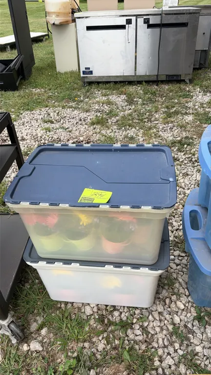 Plastic storage totes with artificial flowers. Includes (2) plastic storage containers with hinged lids containing potted artificial gerbera daisy flo