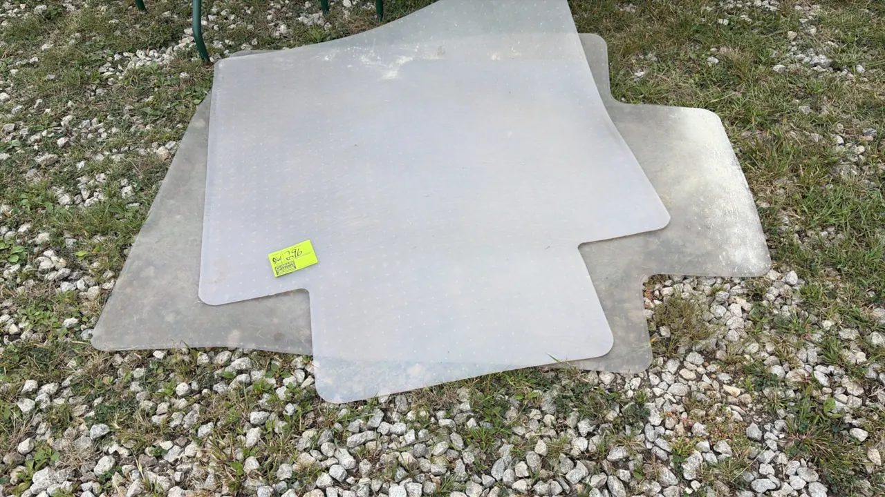 Desk chair floor mats and rubber flooring lot. Includes (2) semi-translucent plastic lipped chair mats along with assorted rubber flooring runners and