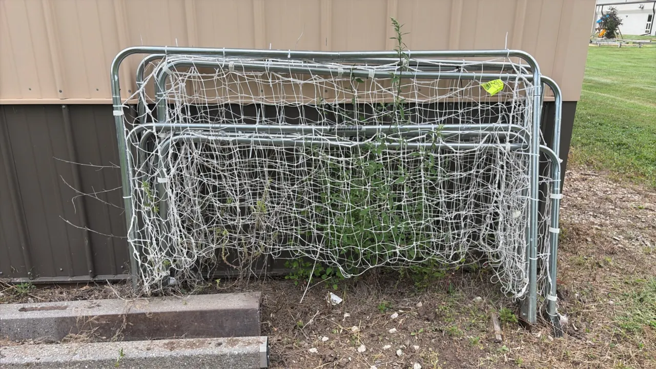 Portable soccer goals. Features tubular metal frames with attached white mesh netting.