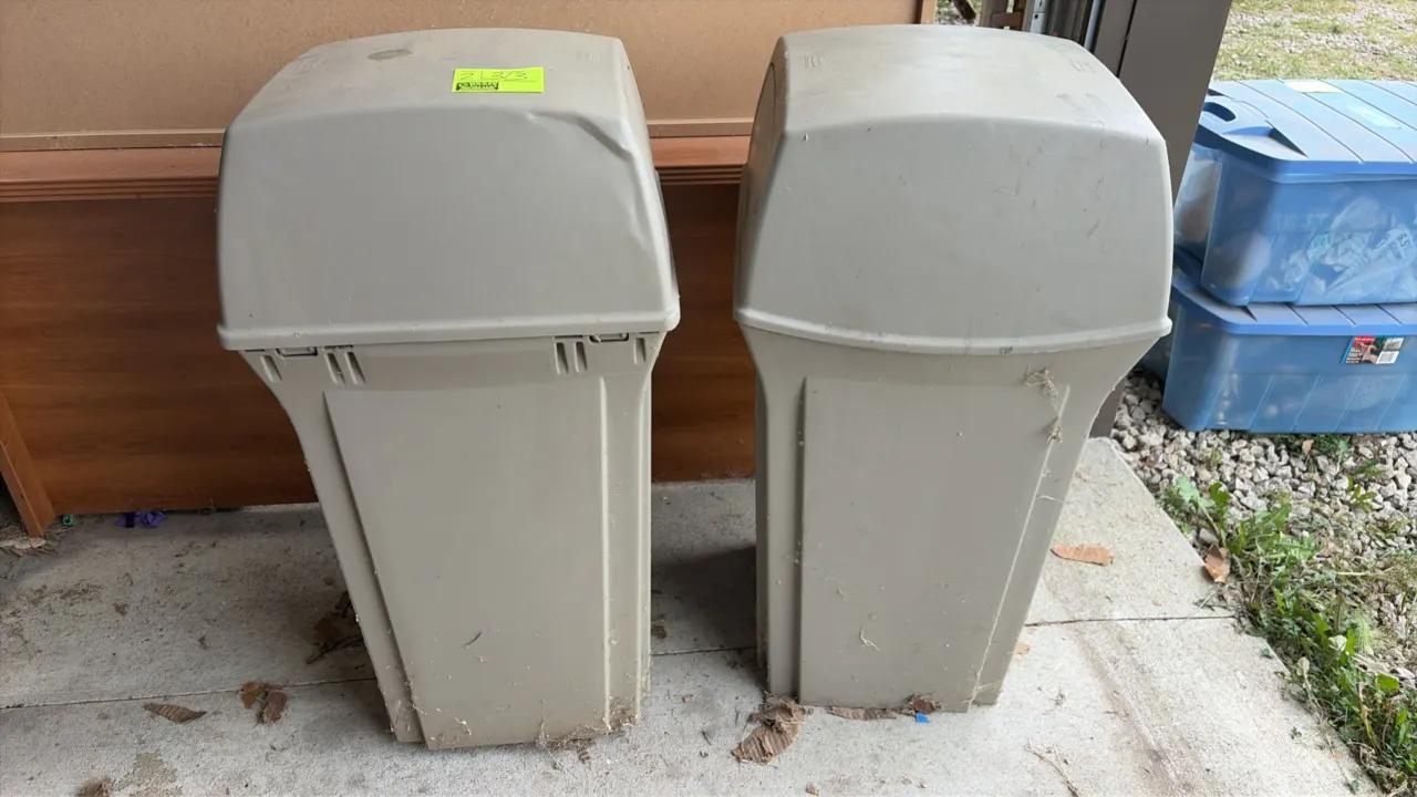 Rubbermaid plastic trash receptacles. Features beige molded plastic construction with removable swing-top push-door lids.
