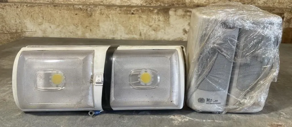 Set of vehicle dome lights and a set of speakers.