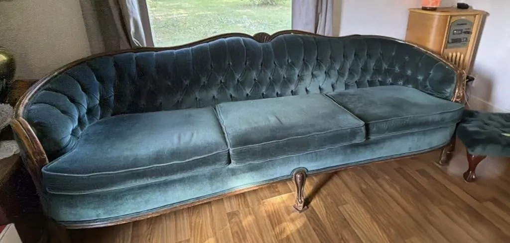Vintage Velvet Sofa Set - Couch, Chair, Ottoman