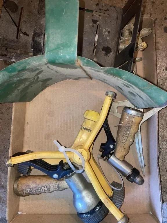 Garden hose nozzles, hose hangers, sprinklers and