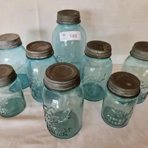 8 Green Glass Canning Jars