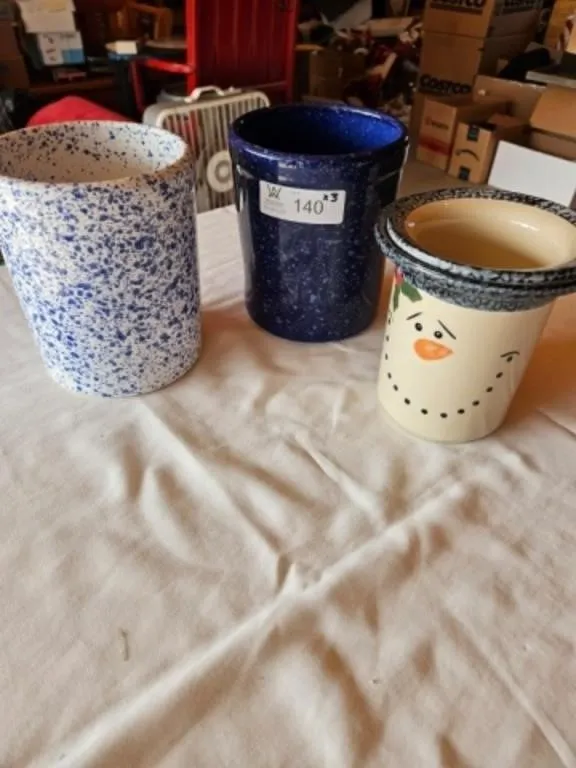 3 Crocks - 2 Blue & Snowman Dip Server