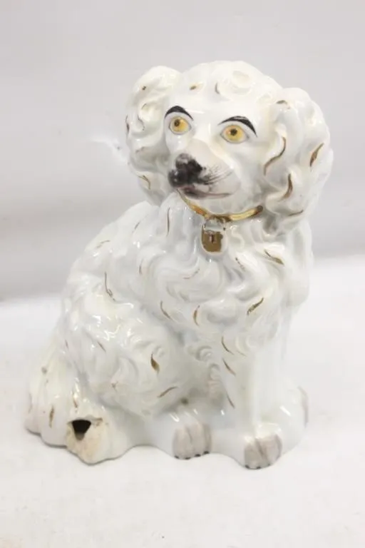 Staffordshire Spaniel Figurine & Milk Glass Bowls