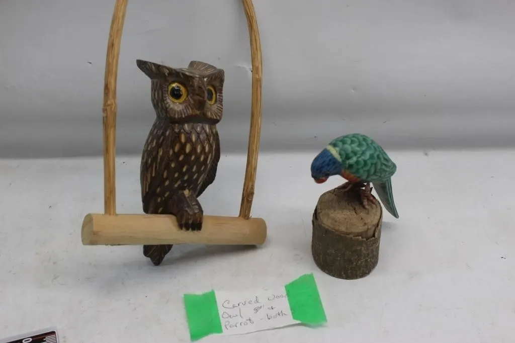 Carved Wood Owl on Swing & Parrot Figurines