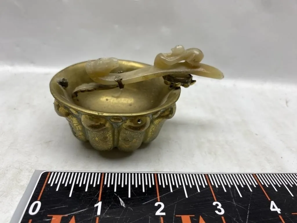 Gilt Brass Lobed Bowl w/ Carved Jade-Style Handle