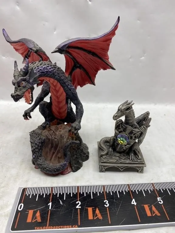 Two Fantasy Dragon Figurines with Crystal Orb