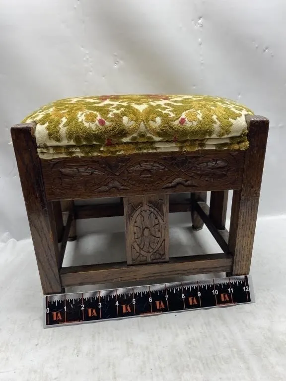 Carved Wood Footstool with Tapestry Seat