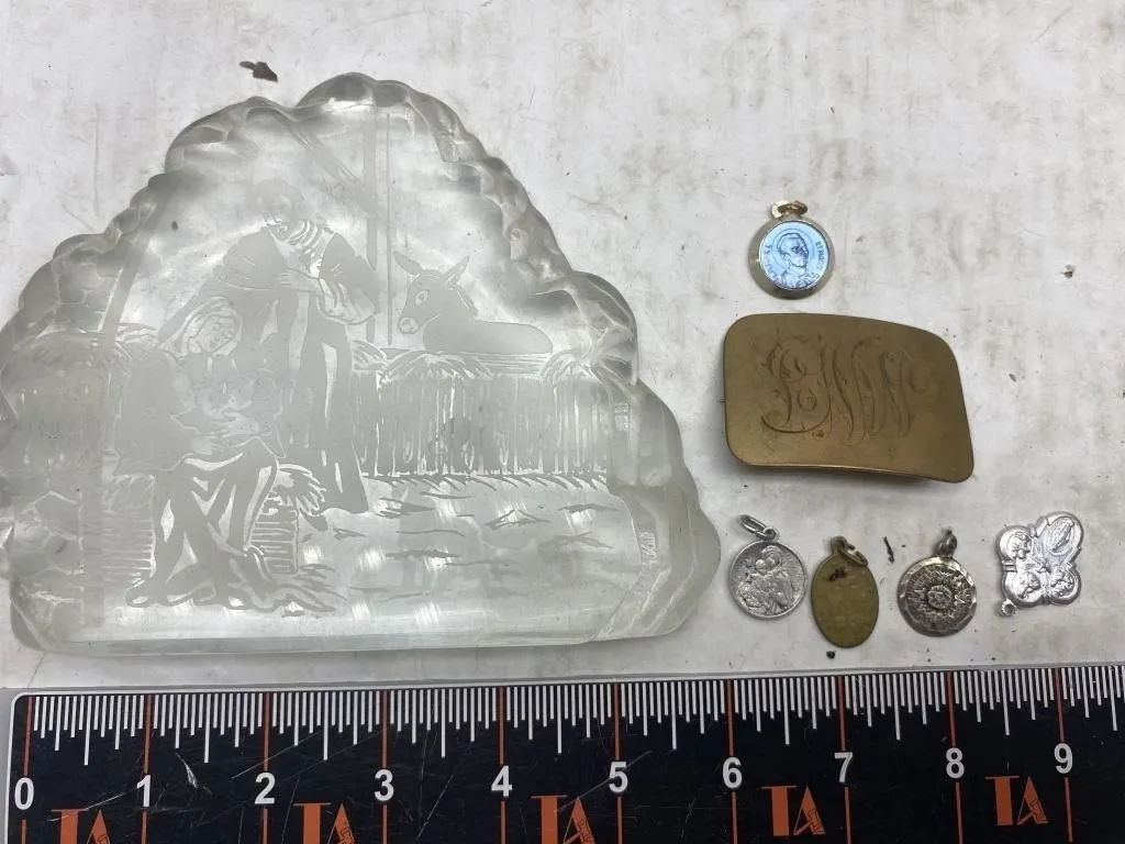 Nativity Glass Plaque & Religious Medals Lot