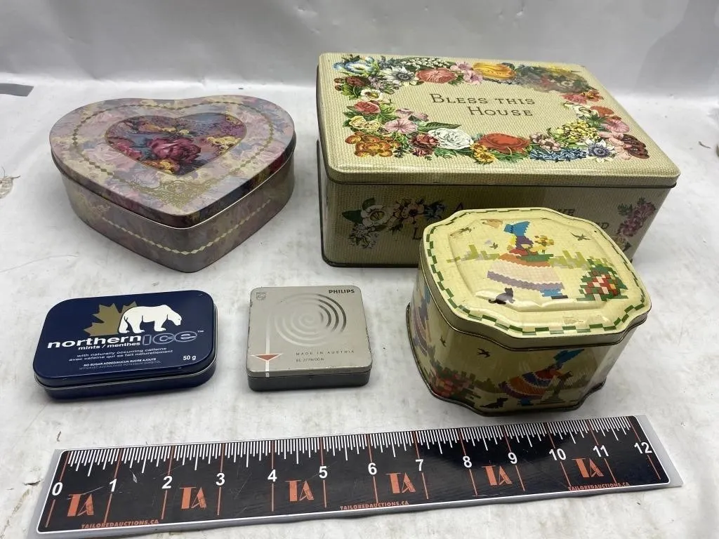 Vintage tin box collection: heart, floral, Bless