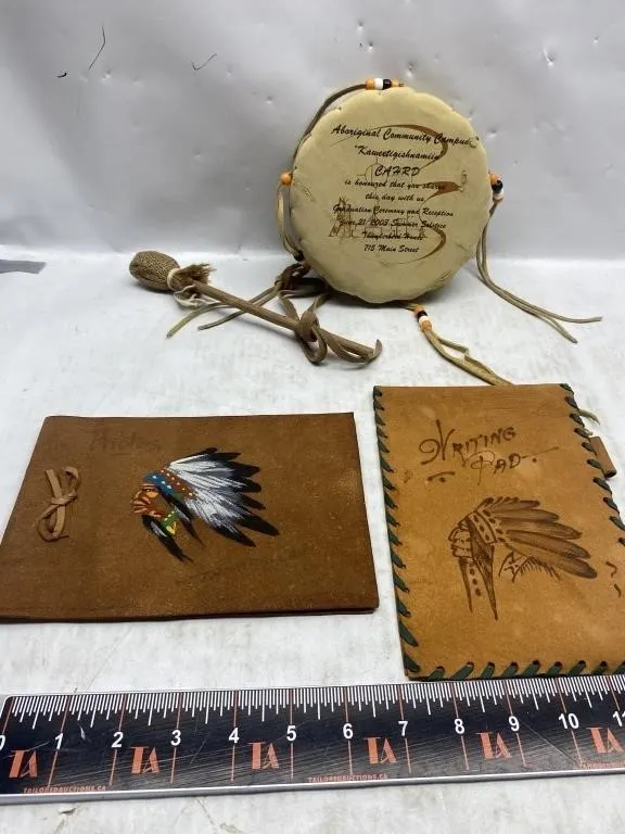 Leather Drum, Beaded Rattle, Photo Album & Writing