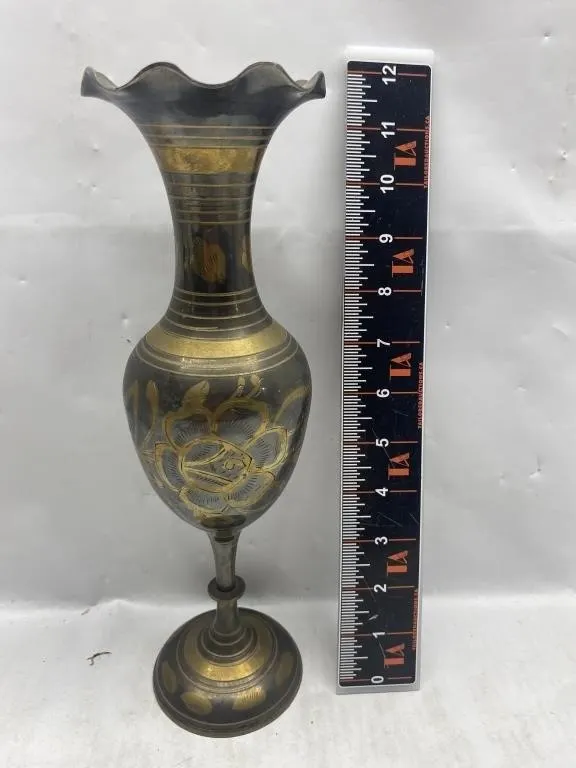 Ornate Brass/Metal Etched Floral Bud Vase