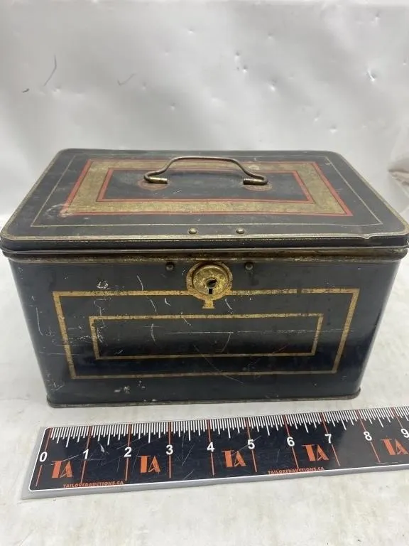 Antique Gold Bank Tea Tin with Lock NO Key