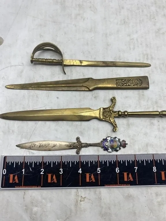 Brass letter openers, sword-form & sterling handle