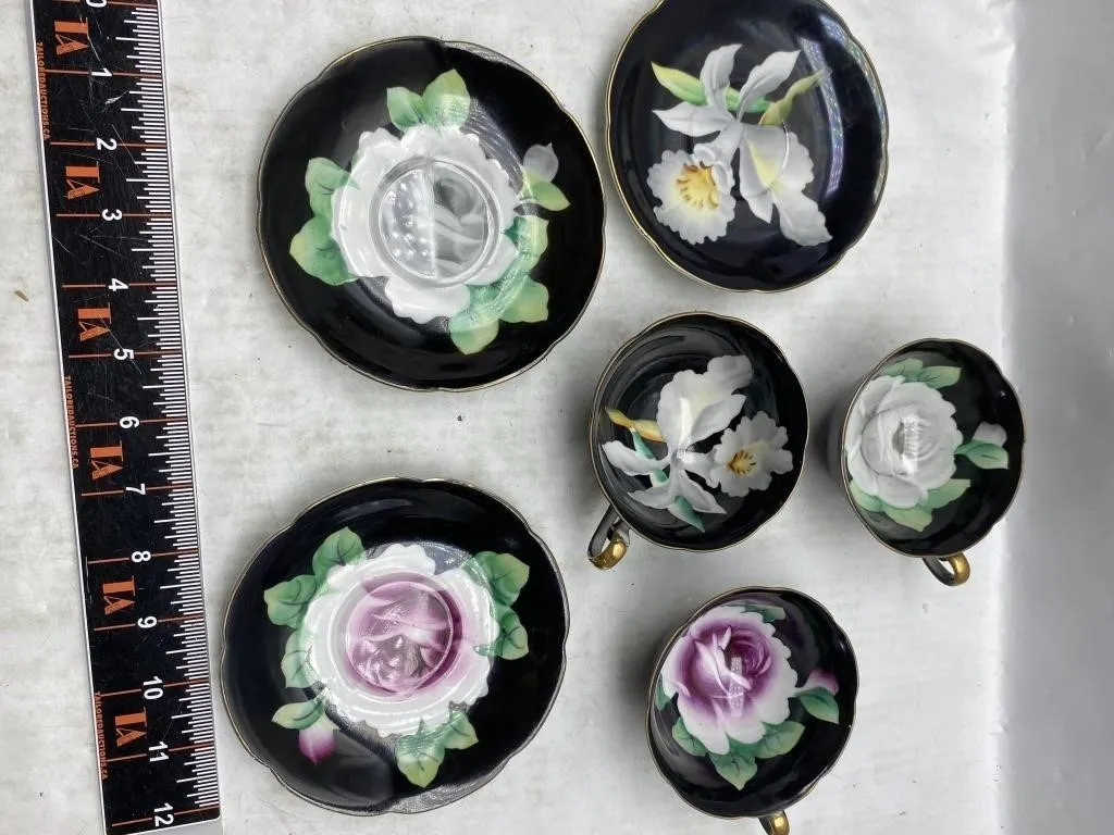Hand Painted Black Floral Teacups & Saucers, Japan