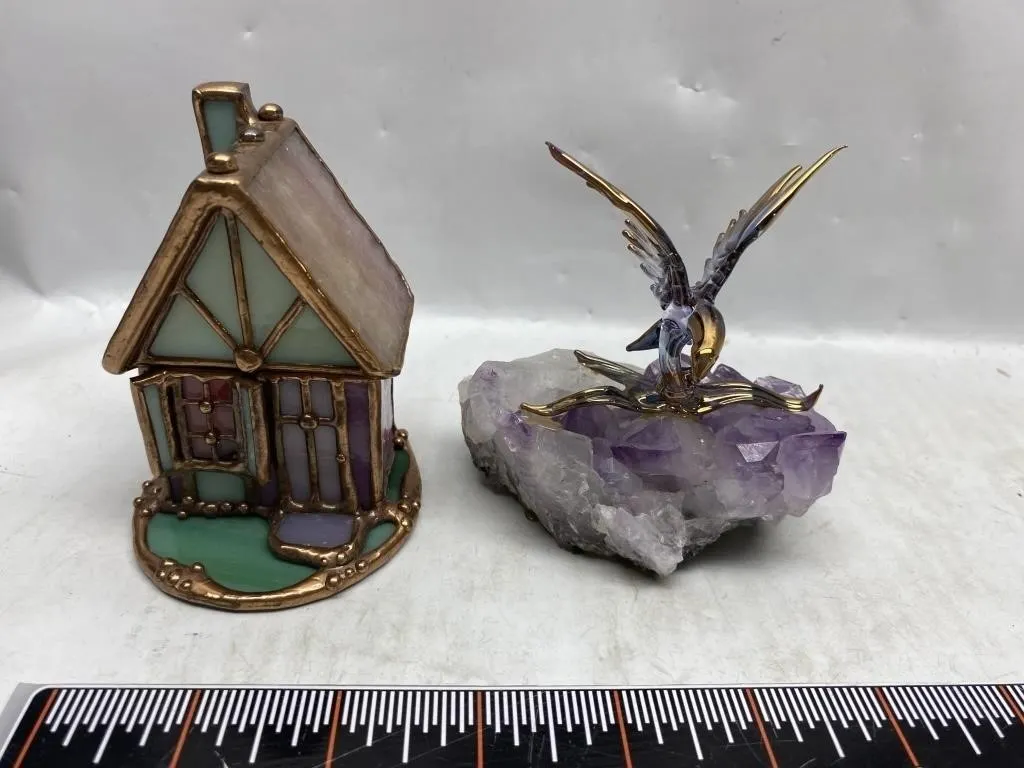 Stained Glass House & Glass Bird on Amethyst