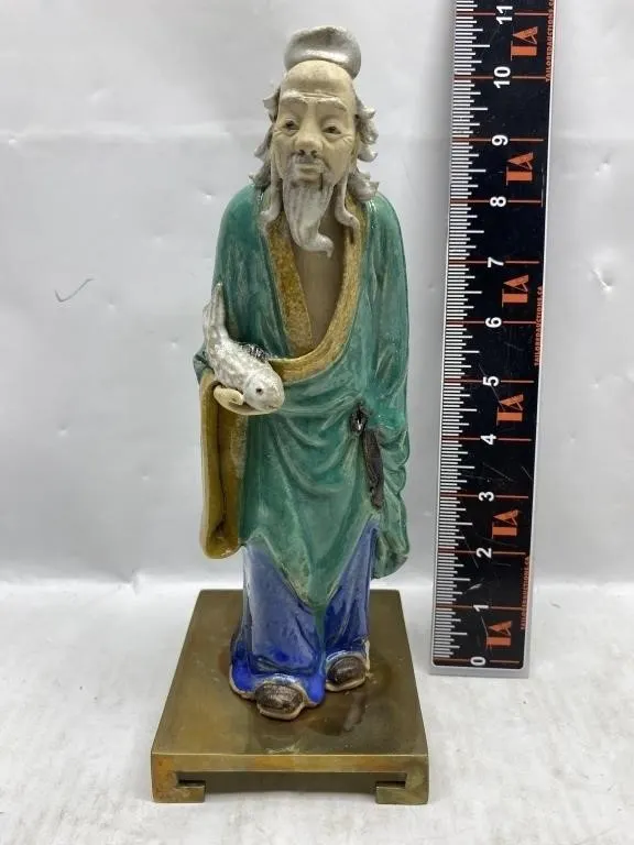 Chinese Ceramic Figure of Elderly Man Holding Fish