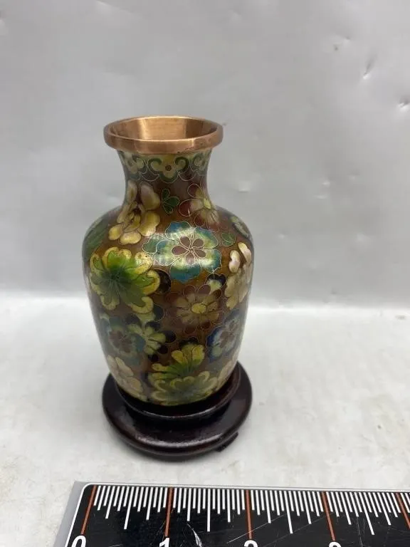 Cloisonné Enamel Floral Vase with Wooden Stand