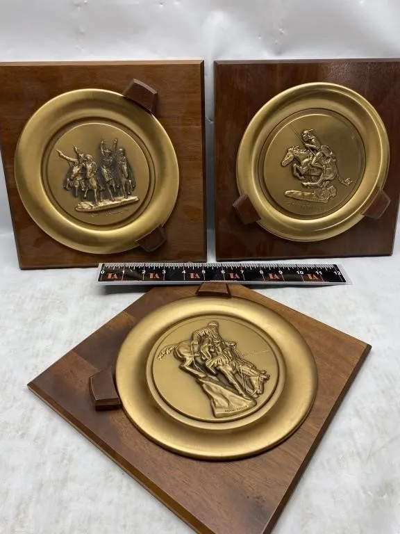 Frederic Remington Bronze Plaques on Wood, Set of