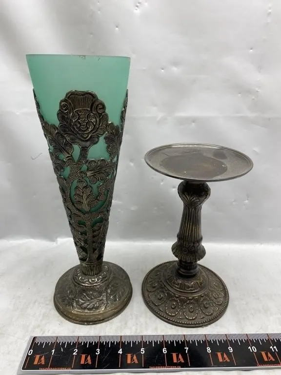 Ornate Silver-Tone Vase and Pedestal Dish, Made in