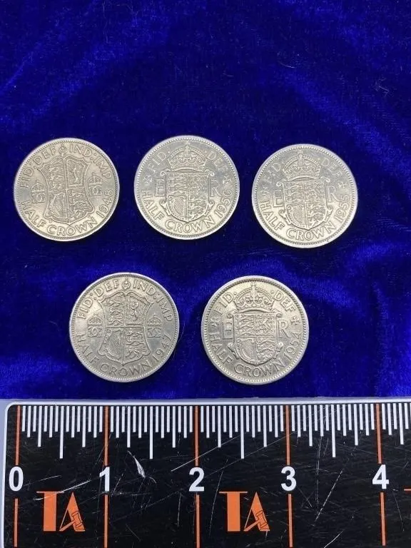 British Half Crown Coins, Lot of 5 (1947-1956)