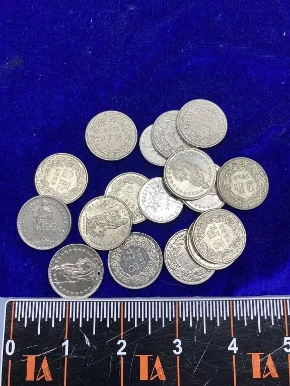 Lot of Swiss 2 Francs and 1 Franc Coins