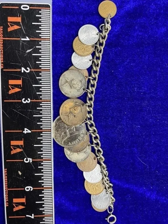 Vintage coin charm bracelet, multi-country coins