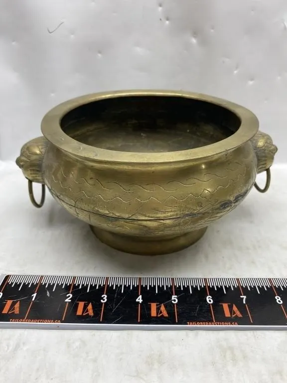 Chinese brass censer bowl with lion ring handles