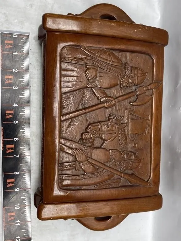 Carved Wood Trinket Box with Equestrian Scene