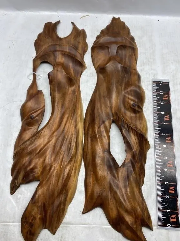 Pair of Carved Wood Wall Art Panels
