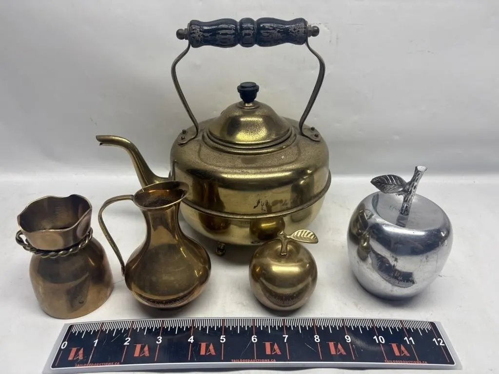 Brass Kettle, Pitchers & Apple Figurines, Chrome