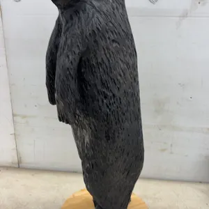 Hand-Carved by Local Artist, Wood Standing Black Bear Sculpture on Round Base, 33” Tall