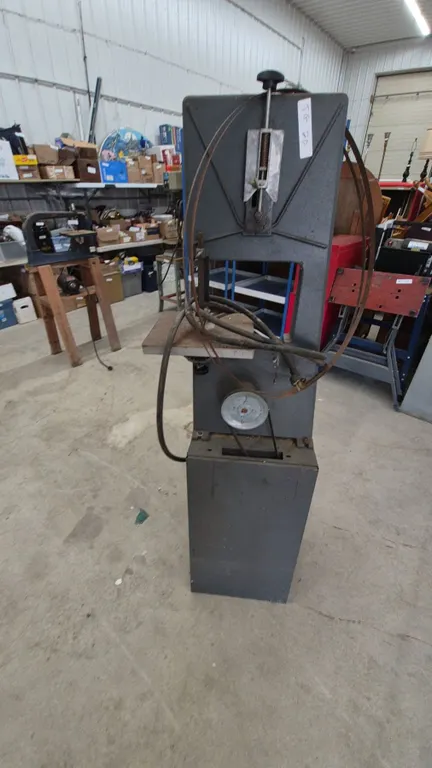 Vintage Floor-Standing Band Saw with Blade, Power Cord, and Pulley System