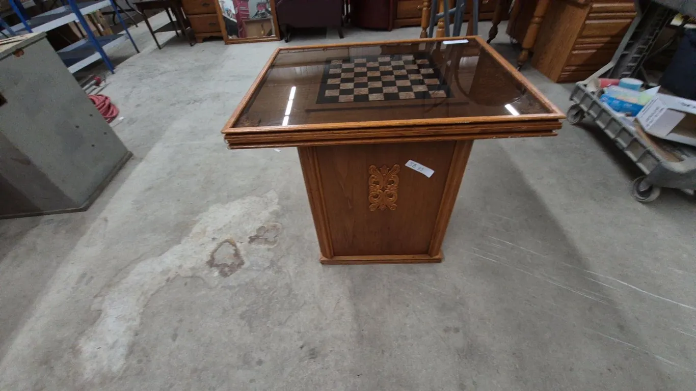 Oak Game Table with Glass Top and Inlaid Chess Board, Carved Wood Pedestal Base, 27”×31”×21”