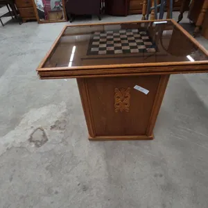 Oak Game Table with Glass Top and Inlaid Chess Board, Carved Wood Pedestal Base, 27”×31”×21”