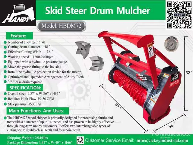 2026 Handy HBDM72-G 72 in Drum Skid Steer Mulcher (Unused)