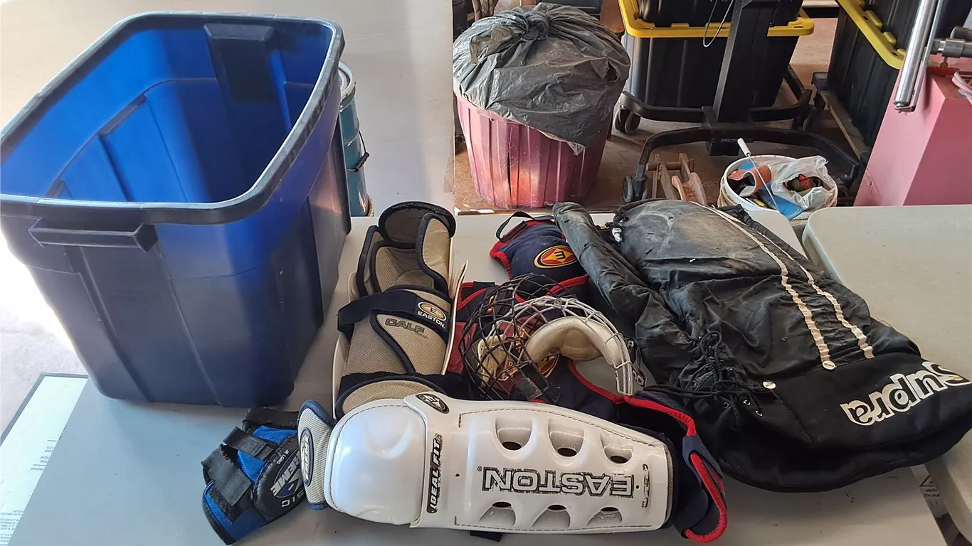 *Assorted Hockey Gear & Plastic Tote w/Lid 21" x 15" x 16", PICKUP ONLY
