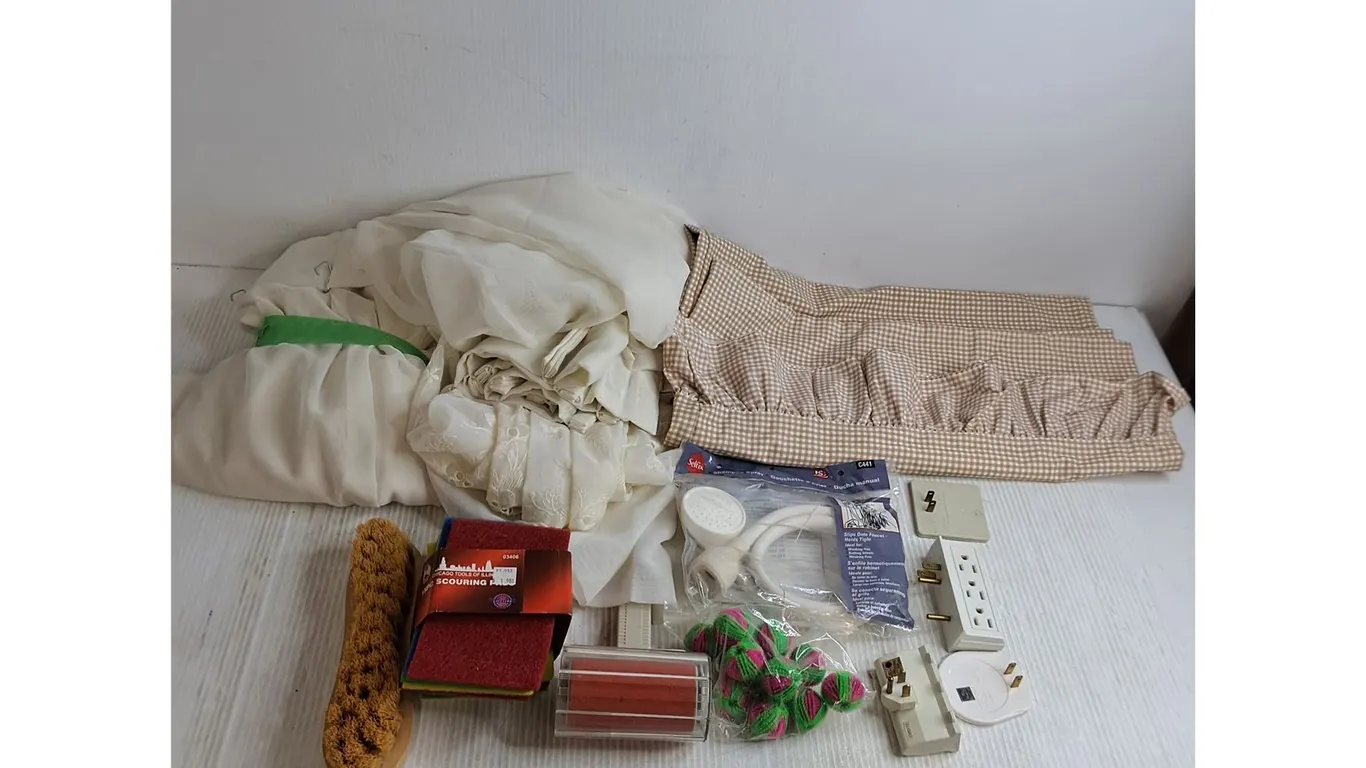 Pair of 44" x 8' Beige Sheer Curtains, Pillow Case, House & Kitchen Wares