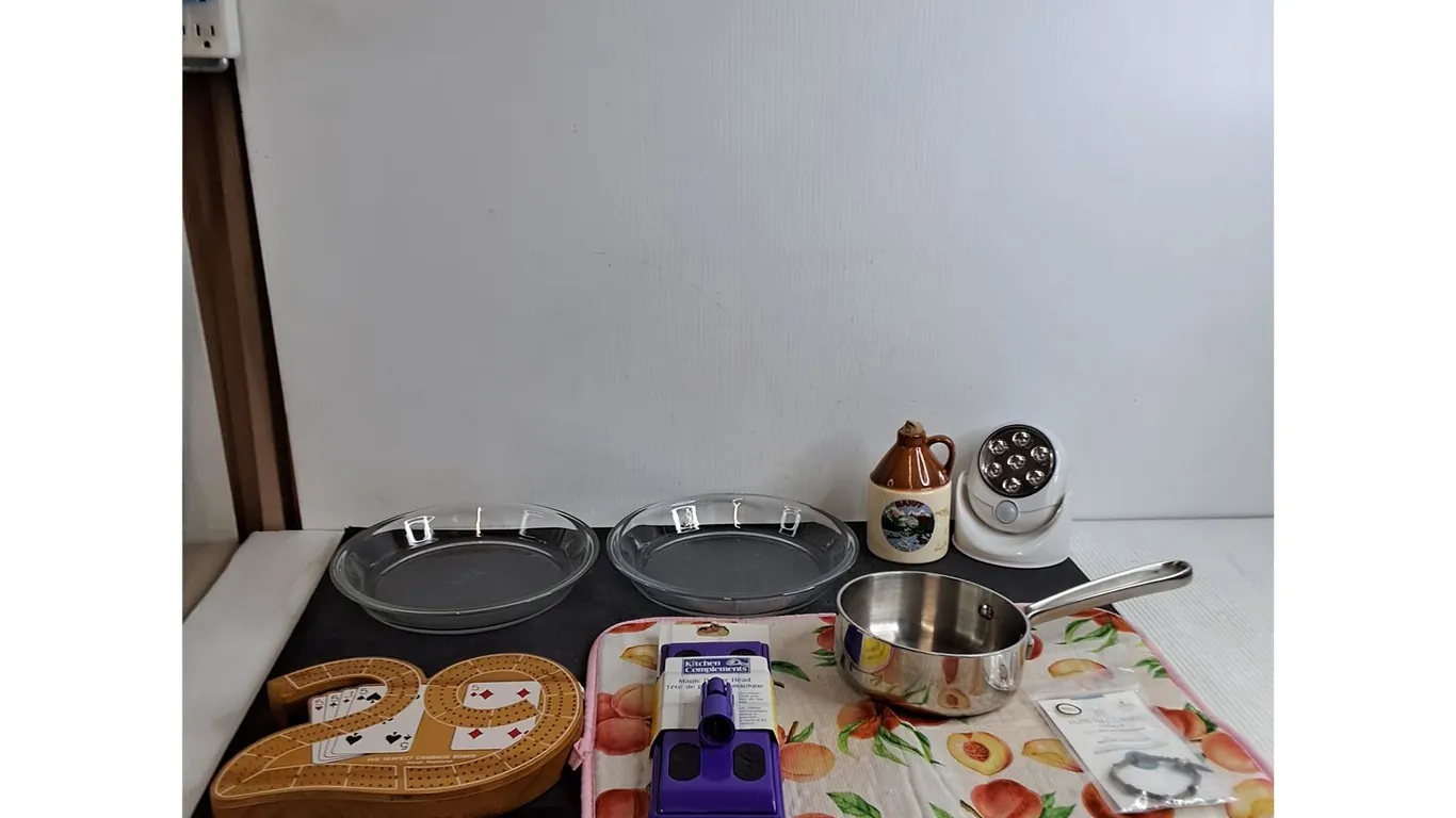 (2) Pie Plates, Crib Board, Magic Duster Head, Pot, Misc