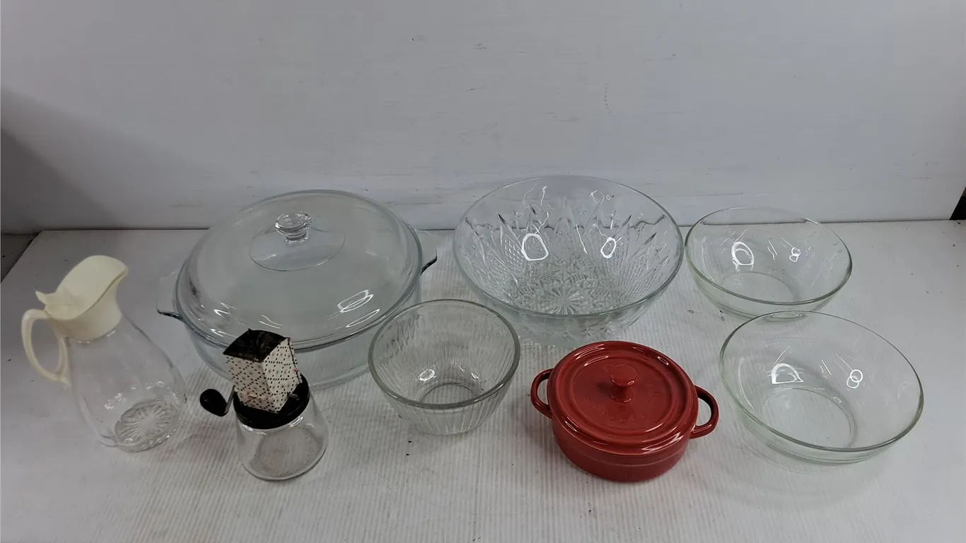 Glass Bowls, Ceramic Bean Pot, Glass Pitcher, Baking Dish w/Lid, Misc