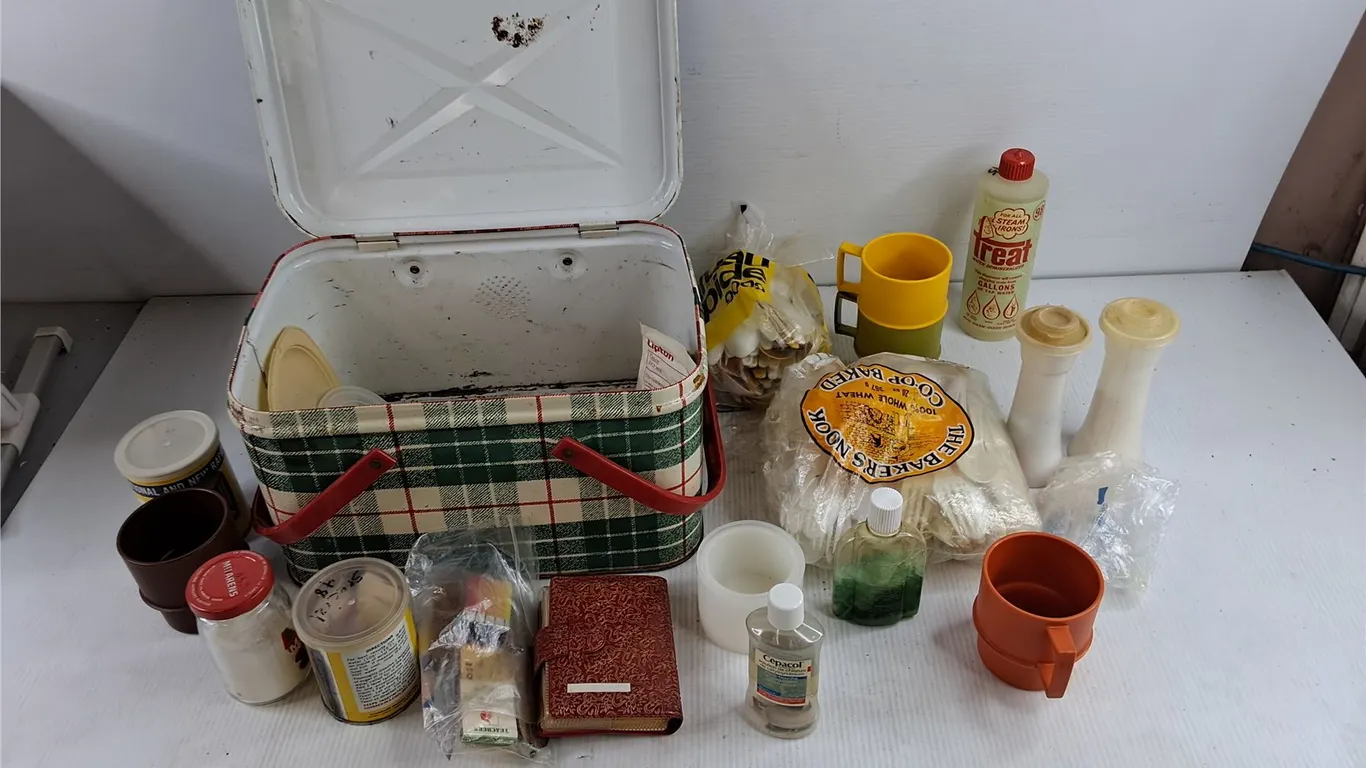 Picnic Box, Tupperware Salt & Pepper Shakers, Cups, Playing Cards, Cutlery, Misc
