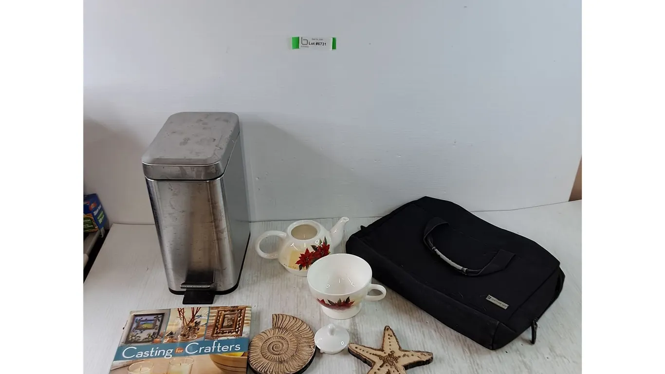 Small Floor Trash Bin, Casting for Crafters Book, Teapot and Cup, Carry Bag, Wood Wall Sculpture