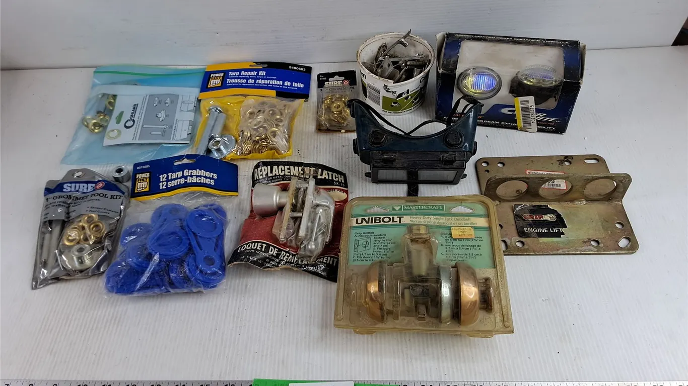 Tarp Grabbers, Tarp Repair Kit, Heavy Duty Single Lock Dead Bolt, Welding Goggles, Halogen Lamps