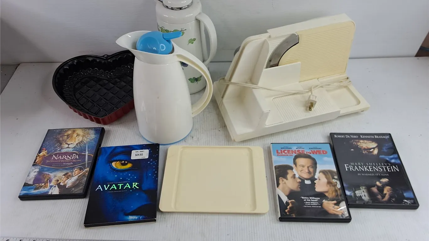 Heart Shaped Pan, Assorted DVDs, Meat Slicer, (2) Pitchers